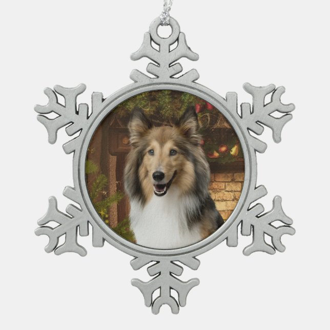 Sheltie Weihnachtsschmuck Schneeflocken Zinn-Ornament (Vorderseite)