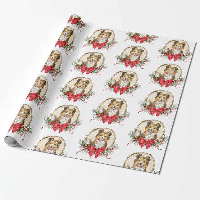 Sheltie Wood Slice Weihnachtswrapping Paper Geschenkpapier (Ungerollt)