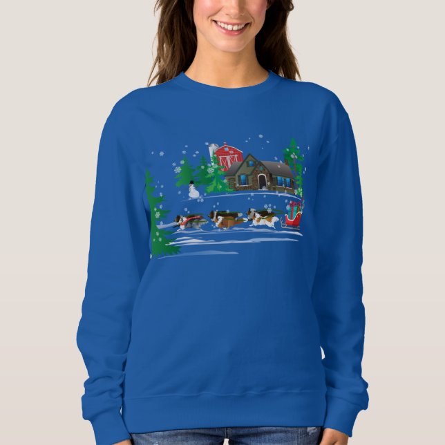 Shelties Pulling Sled, Snowing Holiday Weihnachten Sweatshirt (Vorderseite)