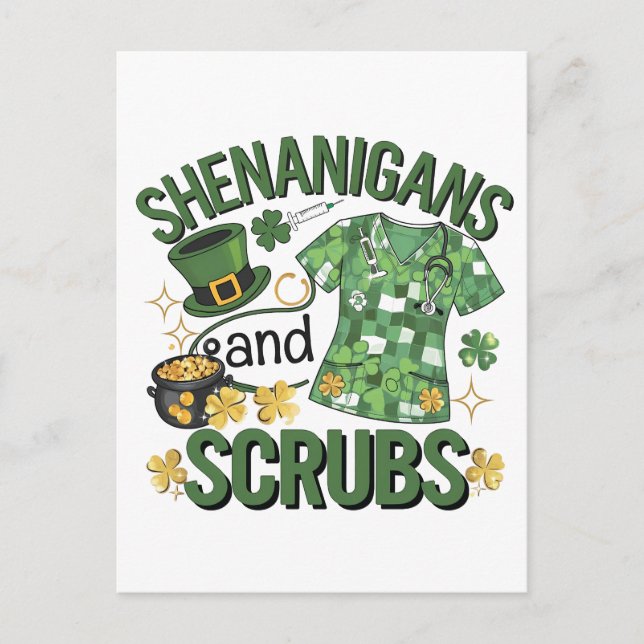 Shenanigans and Scrubs Funny Nursing St Patrick's Postkarte (Vorderseite)