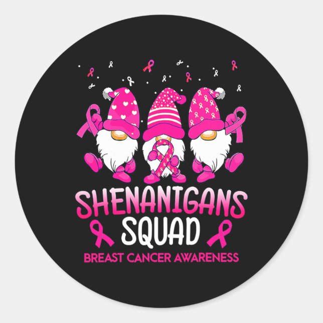 Shenanigans Squad Gnomes Pink Ribbon Brustkrebs Runder Aufkleber (Vorderseite)