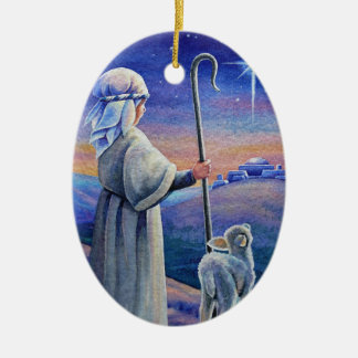 Shepherd Boy Lamb & Star Watercolor Art Keramik Ornament