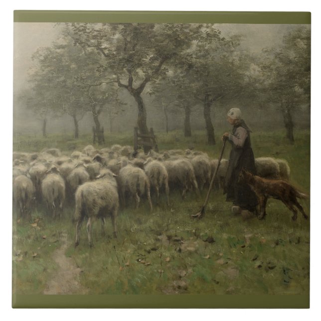 Shepherdess mit einer Menge der Schafe, Fliese (Vorderseite)
