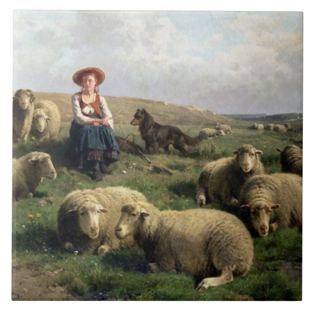 Shepherdess mit Schafen in einer Landschaft Fliese (Vorderseite)