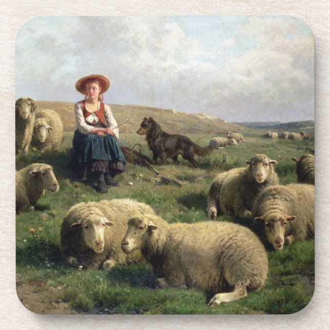 Shepherdess mit Schafen in einer Landschaft Getränkeuntersetzer (Vorderseite)