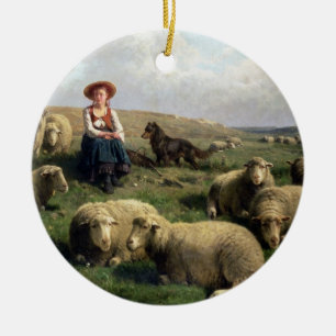 Shepherdess mit Schafen in einer Landschaft Keramikornament