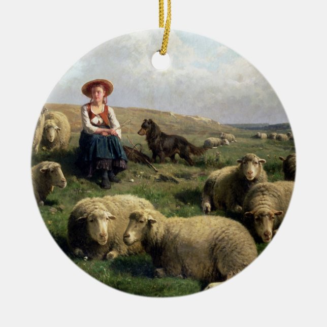Shepherdess mit Schafen in einer Landschaft Keramikornament (Vorne)