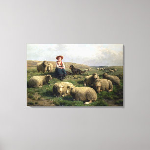Shepherdess mit Schafen in einer Landschaft Leinwanddruck