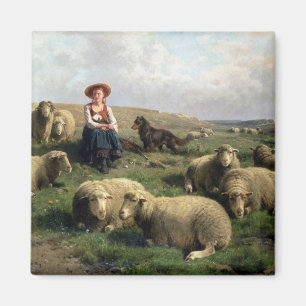 Shepherdess mit Schafen in einer Landschaft Magnet