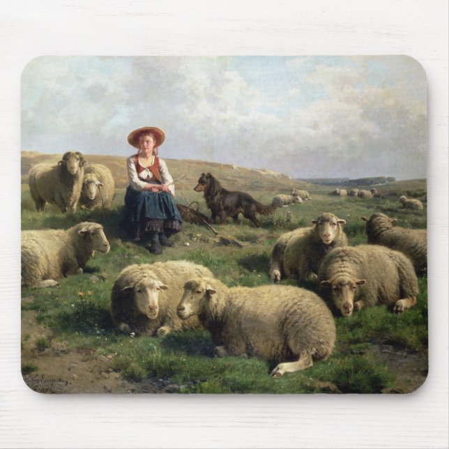 Shepherdess mit Schafen in einer Landschaft Mousepad (Vorne)