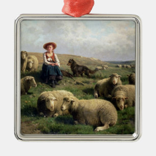 Shepherdess mit Schafen in einer Landschaft Ornament Aus Metall