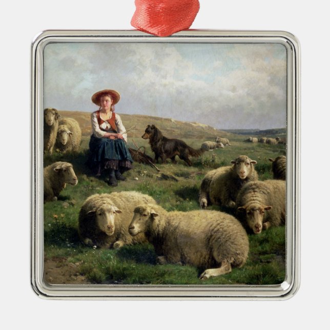Shepherdess mit Schafen in einer Landschaft Ornament Aus Metall (Vorne)
