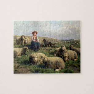 Shepherdess mit Schafen in einer Landschaft Puzzle