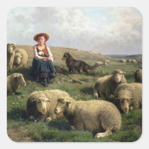 Shepherdeß with Sheep in a Landscape Quadratischer Aufkleber