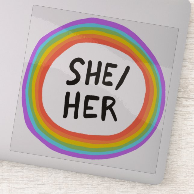SHER/HER Pronouns Rainbow Circle Handschrift Aufkleber (Detail)