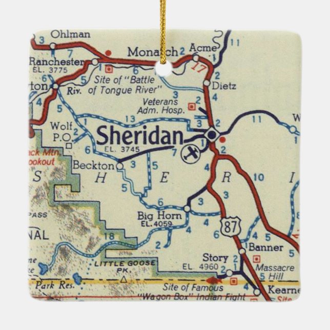 Sheridan WY Classic Map Keramikornament (Rückseite)