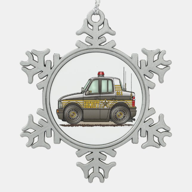Sheriff-Auto-Streifenwagen Schneeflocken Zinn-Ornament (Vorderseite)