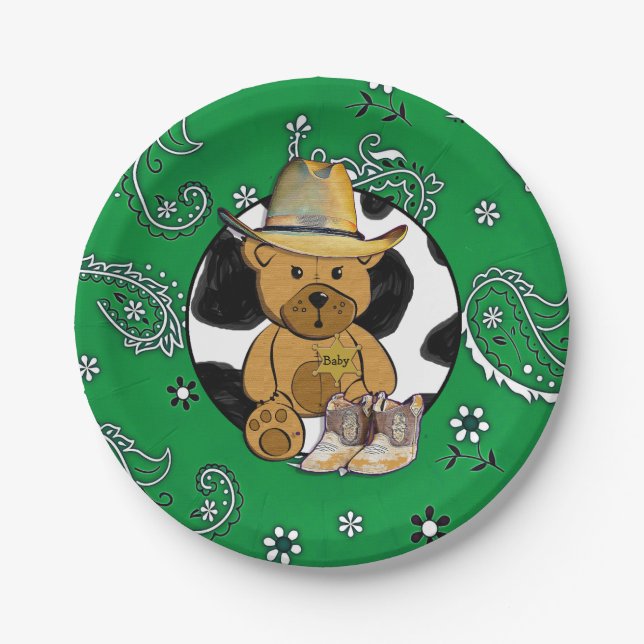Sheriff Teddy Bear Green Bandanna Cake Paper Plate Pappteller (Vorderseite)