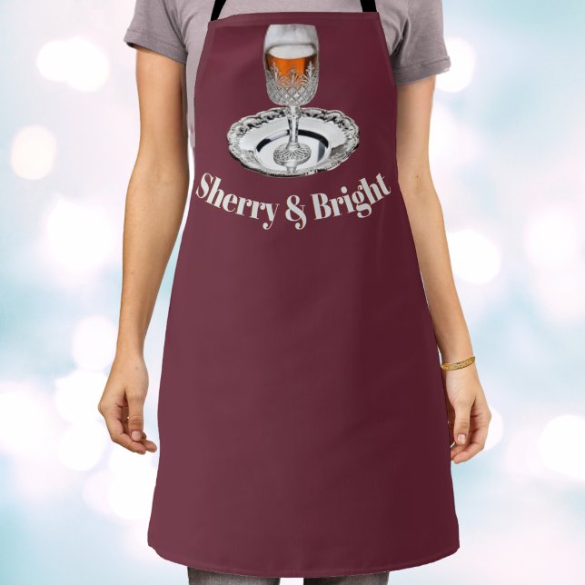 Sherry & Bright Erstaunliche Neuheit Weihnachtsküc Schürze (A burgundy Christmas apron with funny 'Sherry and Bright' pun and picture of a glass of sherry)