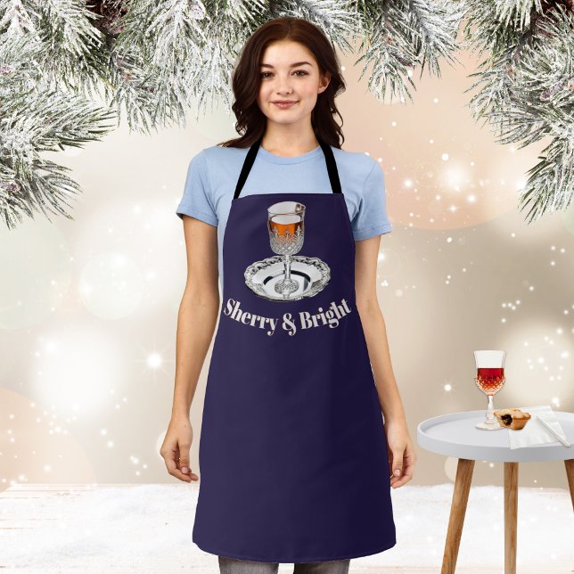 Sherry & Bright Funny Funny Neuheit Weihnachtsküch Schürze (A festive kitchen apron with glass of sherry picture and 'Sherry & Bright' caption)