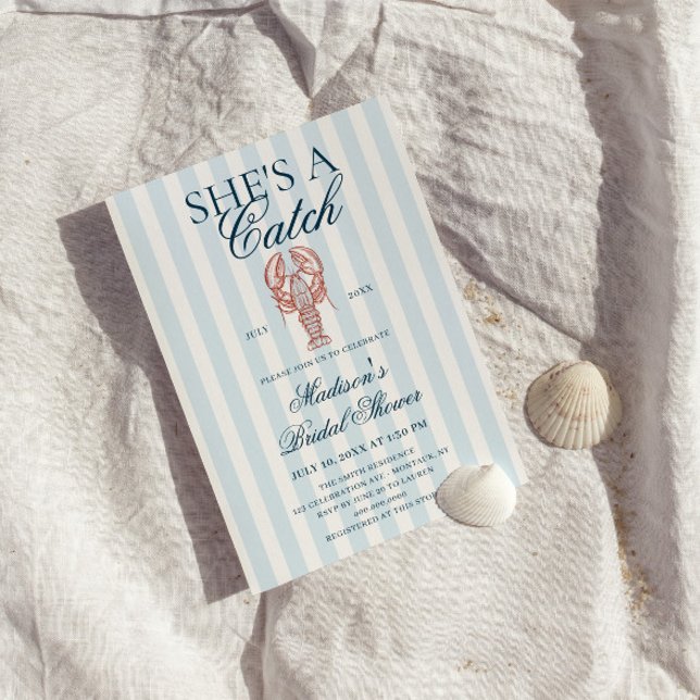 She's a catch Lobster Blue Striped Bridal Shower Einladung (Von Creator hochgeladen)