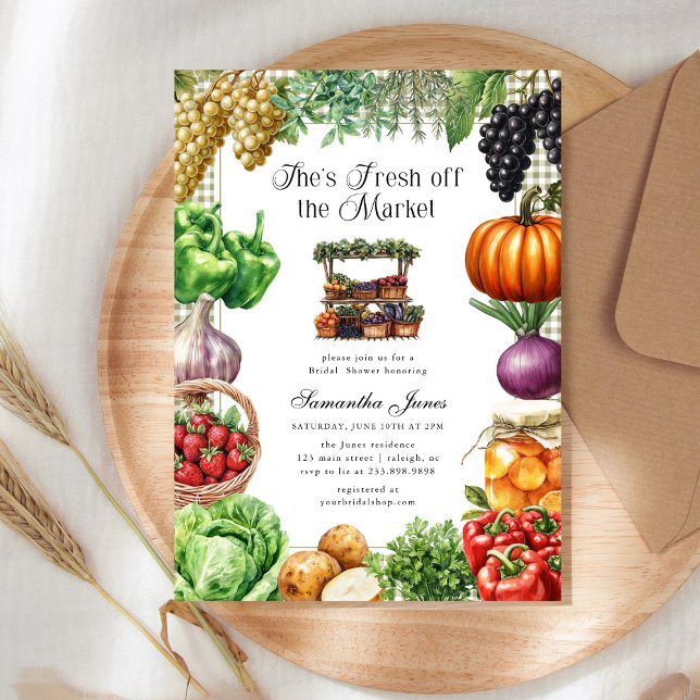 She's Fresh Off The Market Gingham Bridal Shower Einladung (Von Creator hochgeladen)