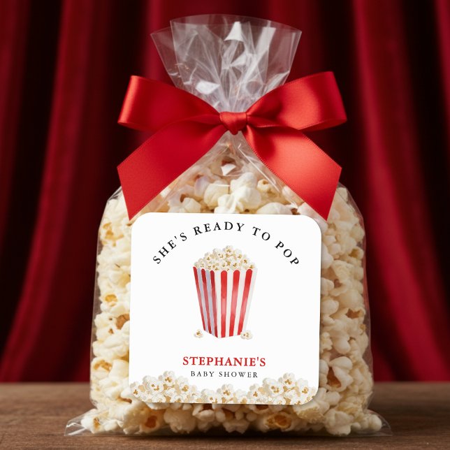 She's Ready To Pop Baby Shower Popcorn Quadratischer Aufkleber (She's Ready To Pop Baby Shower Popcorn Square Sticker
)