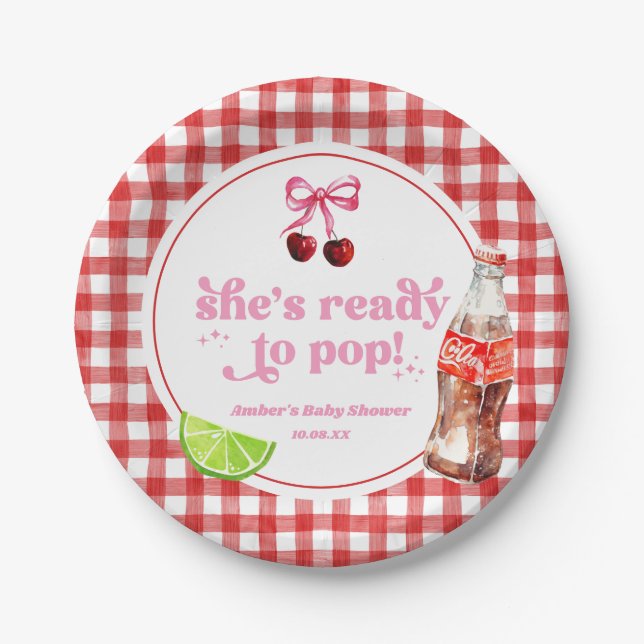 She's Ready To Pop! Cherry Soda Pop Baby Shower Pappteller (Vorderseite)