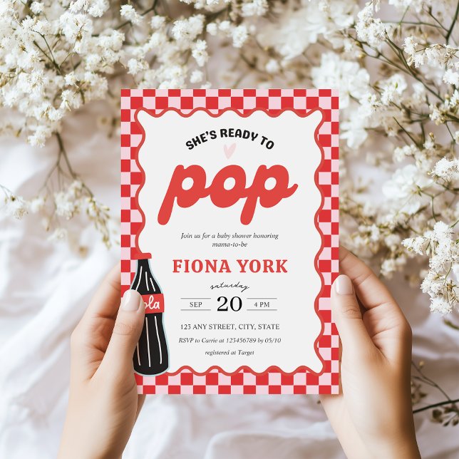 She's Ready to Pop Retro Soda Red Pink Baby Shower Einladung (She's Ready to Pop Baby Shower Invitation)