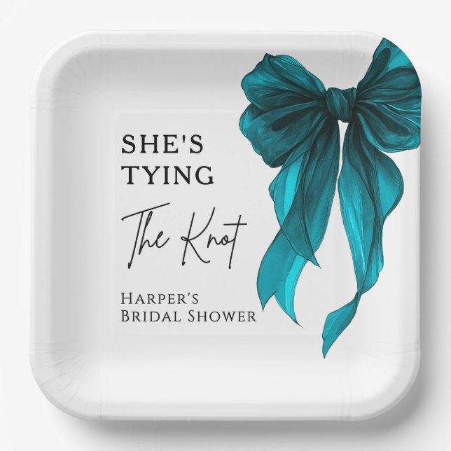 She's Tying The Knot Turquoise Bow Bridal Shower Pappteller (Vorderseite)