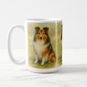 Shetland-Schäferhund sitzt Wasserfarben Kaffeetasse