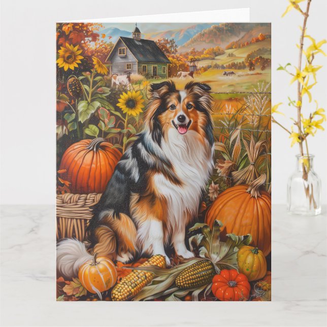 Shetland Sheepdog Autumn Harvest Erntedank Karte (Gelbe Blume)