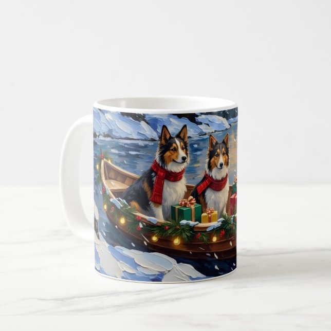 Shetland Sheepdog Christmas Boat Holiday Kaffeetasse (Vorderseite Links)