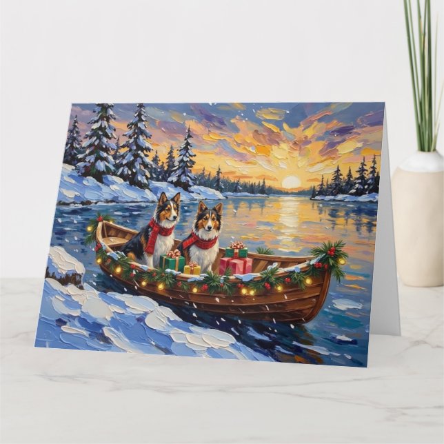 Shetland Sheepdog Christmas Boat Holiday Karte (Vorderseite)