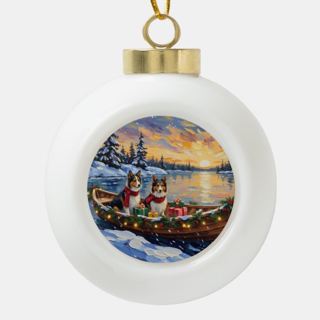 Shetland Sheepdog Christmas Boat Holiday Keramik Kugel-Ornament (Vorderseite)