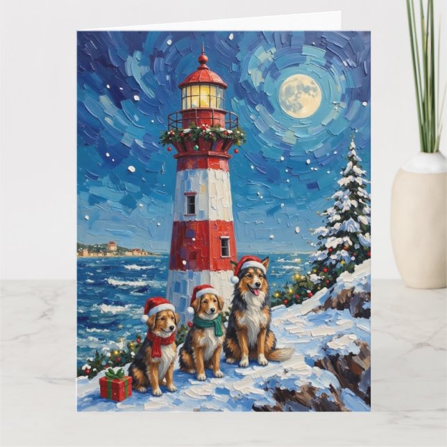 Shetland Sheepdog Christmas Lighthouse Holiday Karte (Vorderseite)