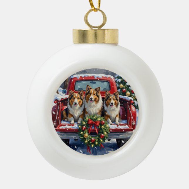 Shetland Sheepdog Christmas Red Truck Holiday Keramik Kugel-Ornament (Vorderseite)