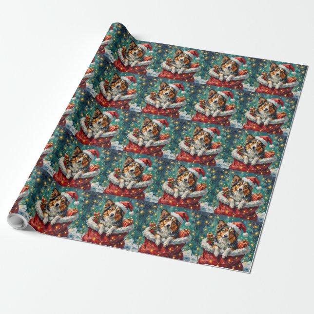 Shetland Sheepdog Christmas Santa Bag Adventure Geschenkpapier (Ungerollt)
