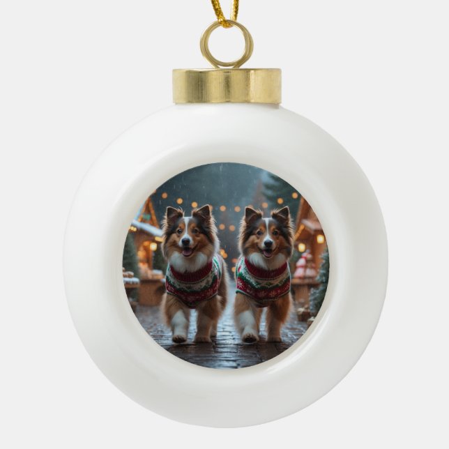 Shetland Sheepdog Christmas Snow Holiday  Keramik Kugel-Ornament (Vorderseite)