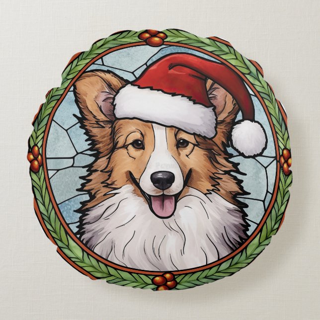 Shetland Sheepdog gesteinigtes Glass Weihnachten Rundes Kissen (Vorderseite)