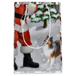Shetland Sheepdog glaubt Weihnachten Mittlere Geschenktüte