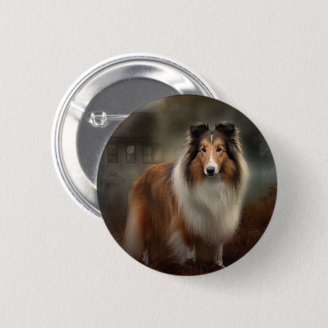 Shetland Sheepdog Halloween Beängstigend Button (Vorne & Hinten)