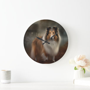 Shetland Sheepdog Halloween Beängstigend Große Wanduhr