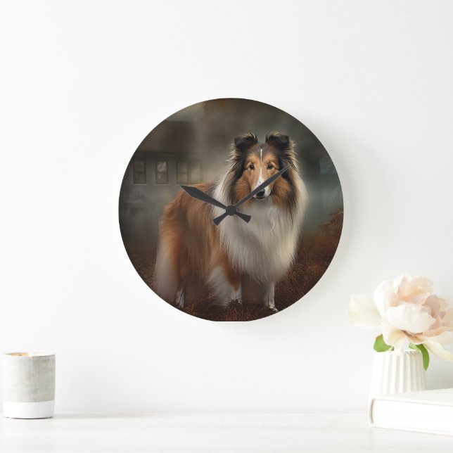 Shetland Sheepdog Halloween Beängstigend Große Wanduhr (Zuhause)
