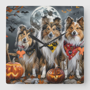 Shetland Sheepdog Halloween Gruselig  Quadratische Wanduhr
