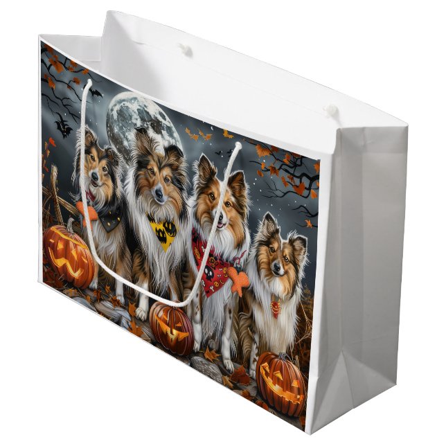 Shetland Sheepdog Halloween Spooky Große Geschenktüte (Vorderseite Schrägansicht)