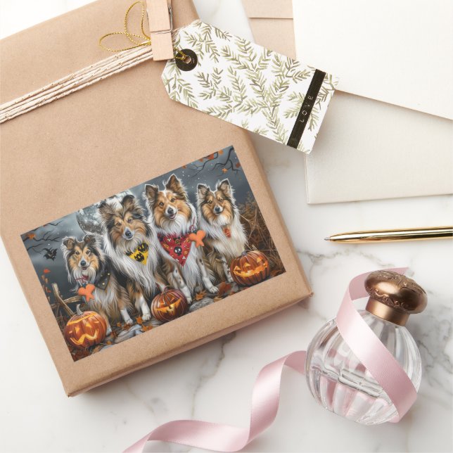 Shetland Sheepdog Halloween Spooky Rechteckiger Aufkleber (Schenken)
