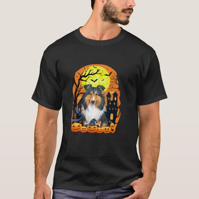 Shetland Sheepdog Hund mit Pumpkins Beängstigende  T-Shirt (Vorderseite)
