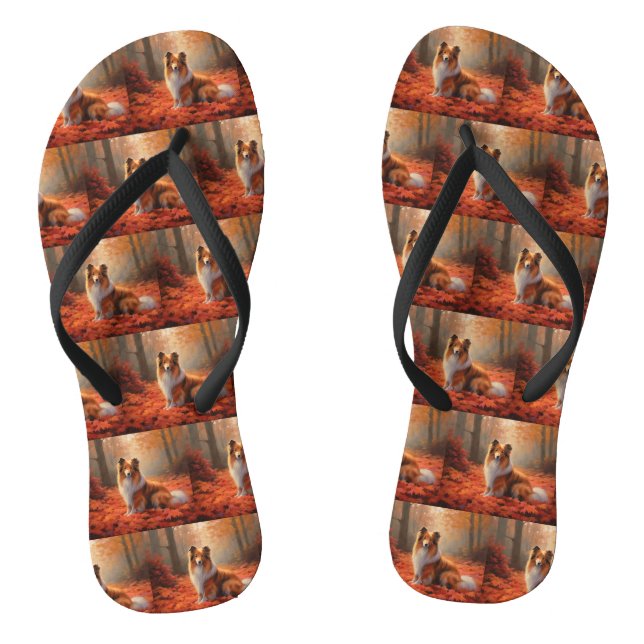 Shetland Sheepdog im Herbst Leaves Fall Inspiriert Flip Flops (Fußbett)