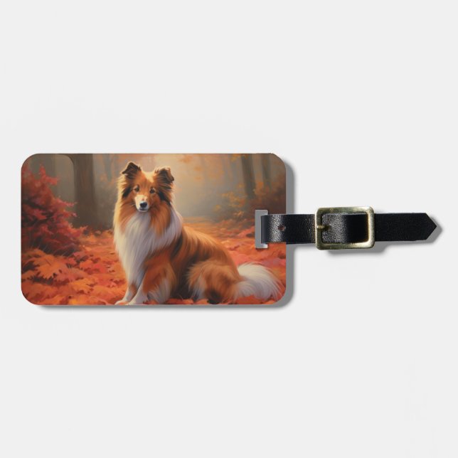 Shetland Sheepdog im Herbst Leaves Fall Inspiriert Gepäckanhänger (Vorderseite horizontal)